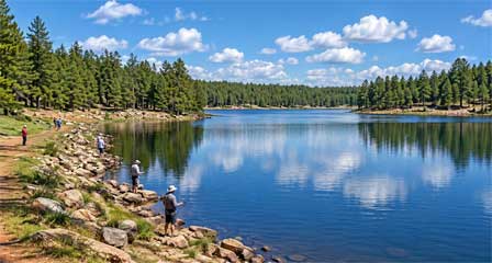 Anglers fishing along the forested shoreline of Woods Canyon Lake Arizona