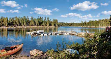 Woods Canyon Lake with boat dock and orange kayak on the Mogollon Rim Arizona