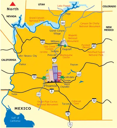 Click an Arizona city or tourist destination for more maps of the State