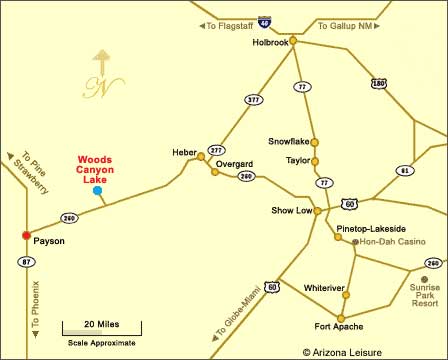 Location and travel routes map to Woods Canyon Lake Arizona on the Mogollon Rim