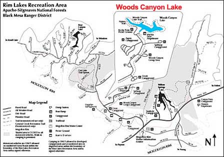 Map of Woods Canyon Lake and nearby Mogollon Rim lakes east of Payson Arizona