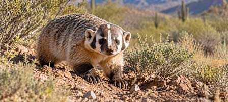 American badger moving through rocky Arizona desert terrain near cactus