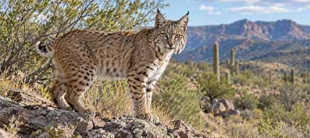 Arizona bobcat standing alert in its natural desert habitat