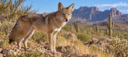 Wild Arizona coyote standing among desert rocks and native vegetation