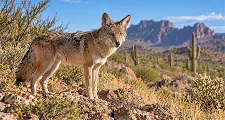 Wild coyote standing in mountionous Sonoran Desert habitat in Arizona