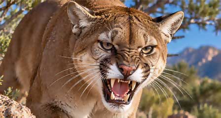 Close-up of a snarling Arizona mountain lion displaying its teeth in a natural rocky habitat