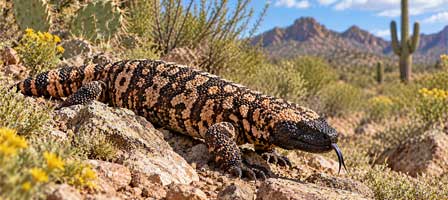 Orange-and-black Gila monster walking across rocky Sonoran Desert ground in Arizona