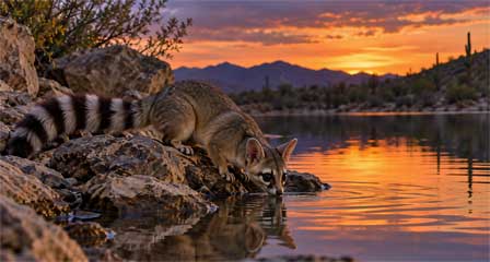 Arizona ringtail drinking water along the rocky shore of a desert lake at dusk