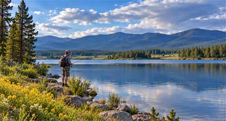 Angler fishing from the rocky shoreline of Big Lake Arizona with calm water and forested mountains