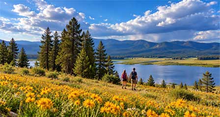 Two hikers walking through a wildflower meadow overlooking Big Lake Arizona and the White Mountains