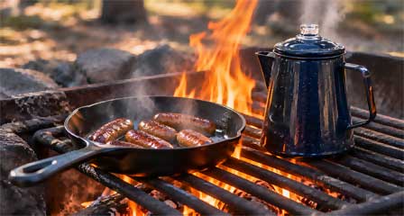 Sausages cooking in a frying pan beside a camping coffee pot over an outdoor campfire