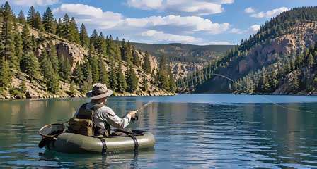 Angler fly fishing from an inflatable raft on Chevelon Canyon Lake in Arizona