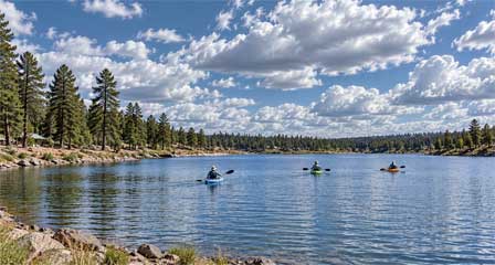 Scenic Fool Hollow Lake surrounded by ponderosa pine forest near Show Low in the Arizona White Mountains