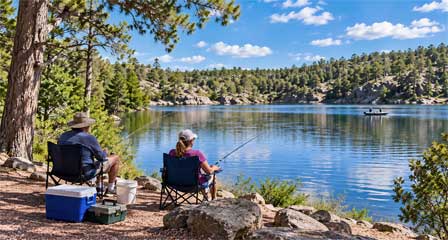Two anglers fishing from the shore of Fool Hollow Lake with a bait bucket, ice chest and tackle box beside the water