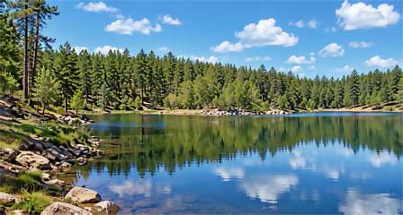 Upper Goldwater Lake surrounded by ponderosa pine forest near Prescott Arizona