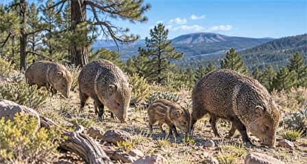 Adult javelinas and a young javelina foraging in Arizona's high-desert woodland