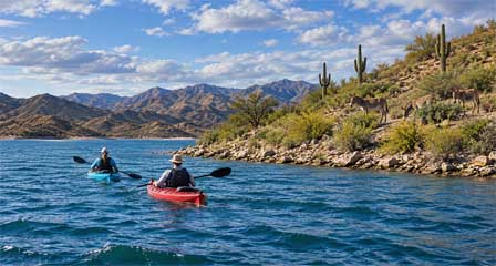 Two kayakers paddling past wild burros on the desert shoreline of Lake Pleasant Arizona