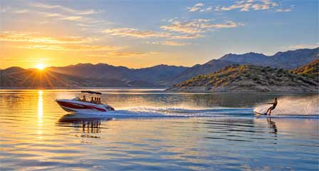 Water skiing on Lake Pleasant surrounded by Sonoran Desert mountains