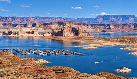 Wahweap Marina and Lake Powell surrounded by sandstone canyon walls near Page Arizona