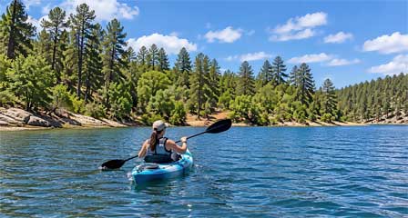 Kayaking on Lynx Lake surrounded by ponderosa pine forest near Prescott Arizona