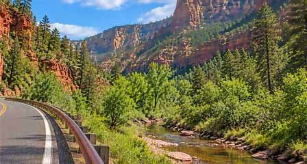 Scenic State Route 89A winding through Oak Creek Canyon north of Sedona Arizona