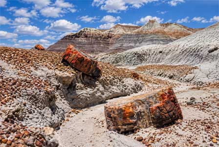 Colorful red, pink and gray layered badlands in the Painted Desert of northeastern Arizona