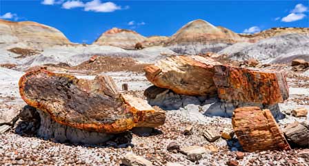 Colorful sedimentary rock formations and desert hills near Petrified Forest National Park