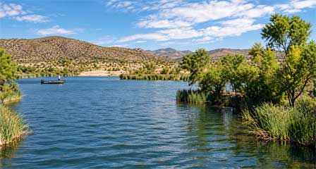 Bass fisherman fishing from a boat near a sandy shoreline at Patagonia Lake in southern Arizona