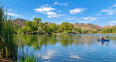 Kayaker paddling across Patagonia Lake in southern Arizona with green shoreline vegetation and mountains