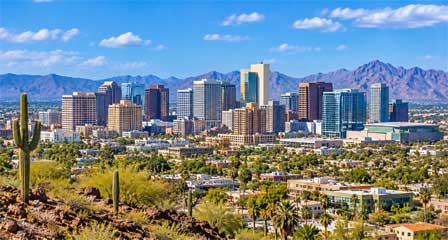 Phoenix Arizona skyline and surrounding Sonoran Desert and mountain scenery