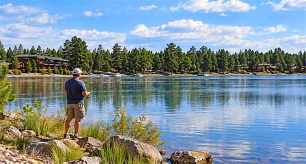 Angler fishing from the bank at Rainbow Lake in Lakeside Arizona
