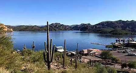 Marina, restaurant and boat launc area at Saguaro Lake Arizona