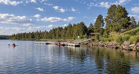 Show Low Lake and campground among ponderosa pine forests near Show Low Arizona