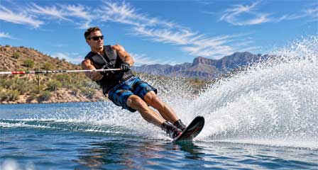 Water skier carving across an Arizona desert lake with a wide spray of water