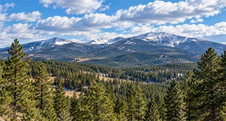Arizona White Mountains landscape with pine forests, snow-dusted mountain peaks and a blue sky with scattered clouds