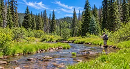 Angler fly fishing in the Little Colorado River amid grassy meadows and pine forests near Greer Arizona