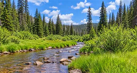 Little Colorado River winding through green meadows and pine forest near Greer Arizona