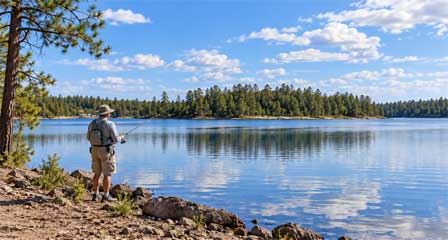 Shoreline angler fishing in calm water at Willow Springs Lake in Arizona's Mogollon Rim high country