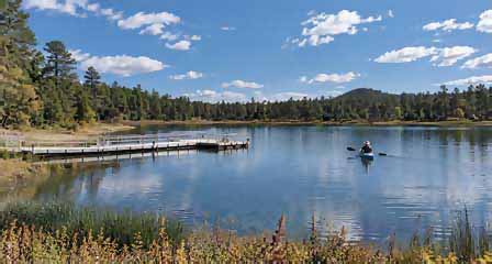 Woodland Lake recreation area surrounded by pine trees in Pinetop-Lakeside Arizona