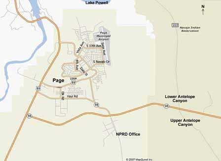 Map showing directions from Page Arizona to Upper and Lower Antelope Canyon