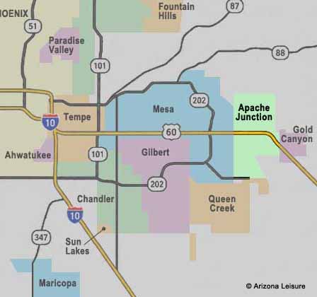 Apache Junction Arizona area map showing Phoenix East Valley cities and major highways