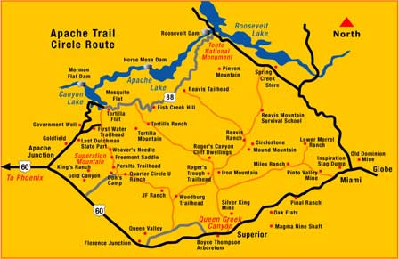 Apache Trail driving route map through Canyon Lake Apache Lake and Roosevelt Lake
