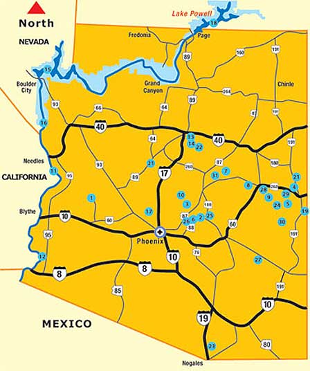Arizona lakes map showing major reservoirs, recreation lakes and popular boating destinations