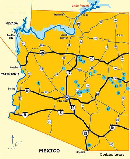 Map of Arizona lake locations showing major reservoirs recreation lakes and boating destinations