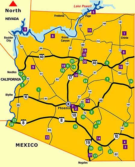 Arizona parks map showing national parks, state parks, recreation areas and major outdoor destinations