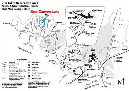 Map showing Bear Canyon Lake, Woods Canyon Lake, Willow Springs Lake and Forest Road 300 on the Mogollon Rim