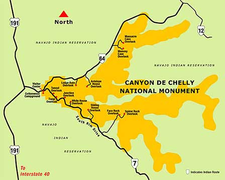 Canyon de Chelly National Monument map showing North Rim South Rim overlooks and scenic drives