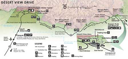 Desert View Drive map between Grand Canyon East Entrance and Grand Canyon Village