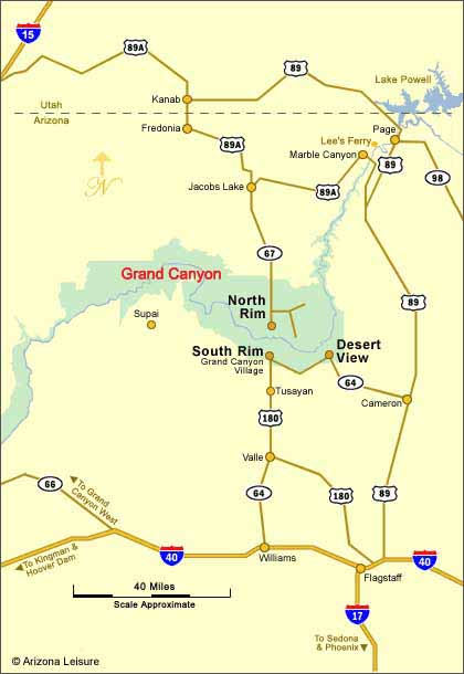 Grand Canyon National Park map showing South Rim North Rim Desert View Flagstaff Williams and major highways