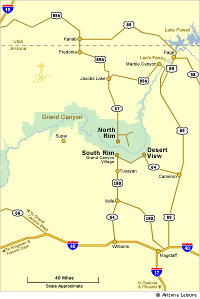 Map to the North Rim And South Rim of the Grand Canyon